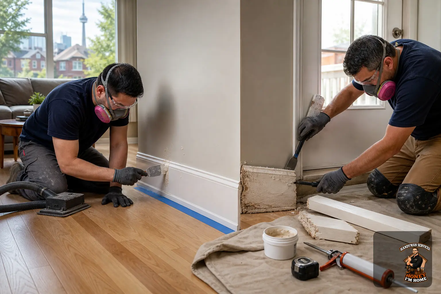 When Damaged Baseboard Can Be Repaired and When Replacement Makes More Sense — homeowner guide visual Branded residential repair illustration showing When Damaged Baseboard Can Be Repaired and When Replacement Makes More Sense for a Toronto West End homeowner guide.