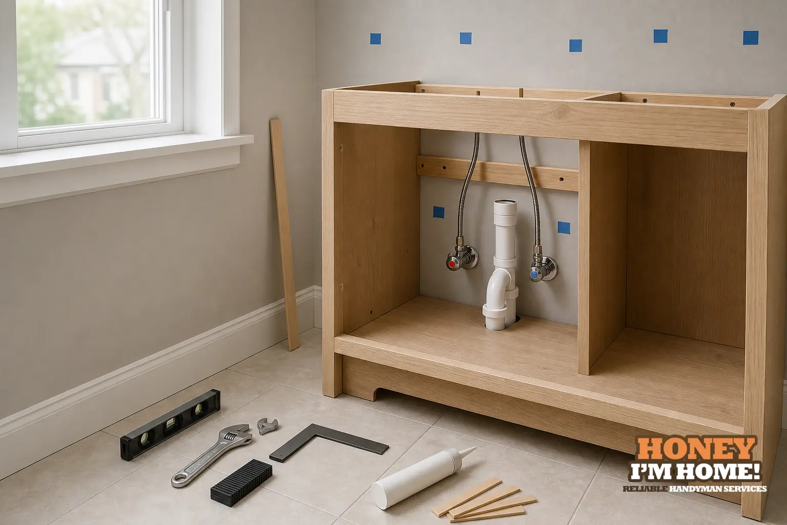 Branded residential repair illustration showing What to Check Before Replacing a Bathroom Vanity for a Toronto West End homeowner guide.