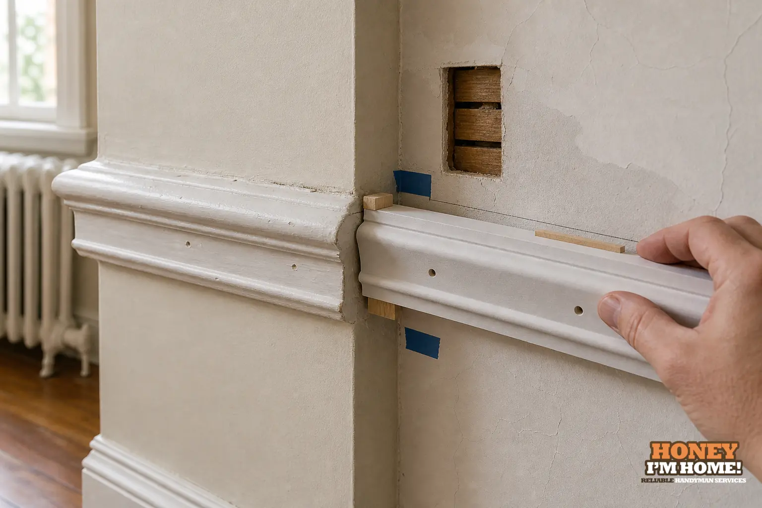 Planning a Clean Repair When Chair Rail Trim Is Damaged or Missing — condition and repair detail Branded close-up repair illustration highlighting a condition related to Planning a Clean Repair When Chair Rail Trim Is Damaged or Missing.