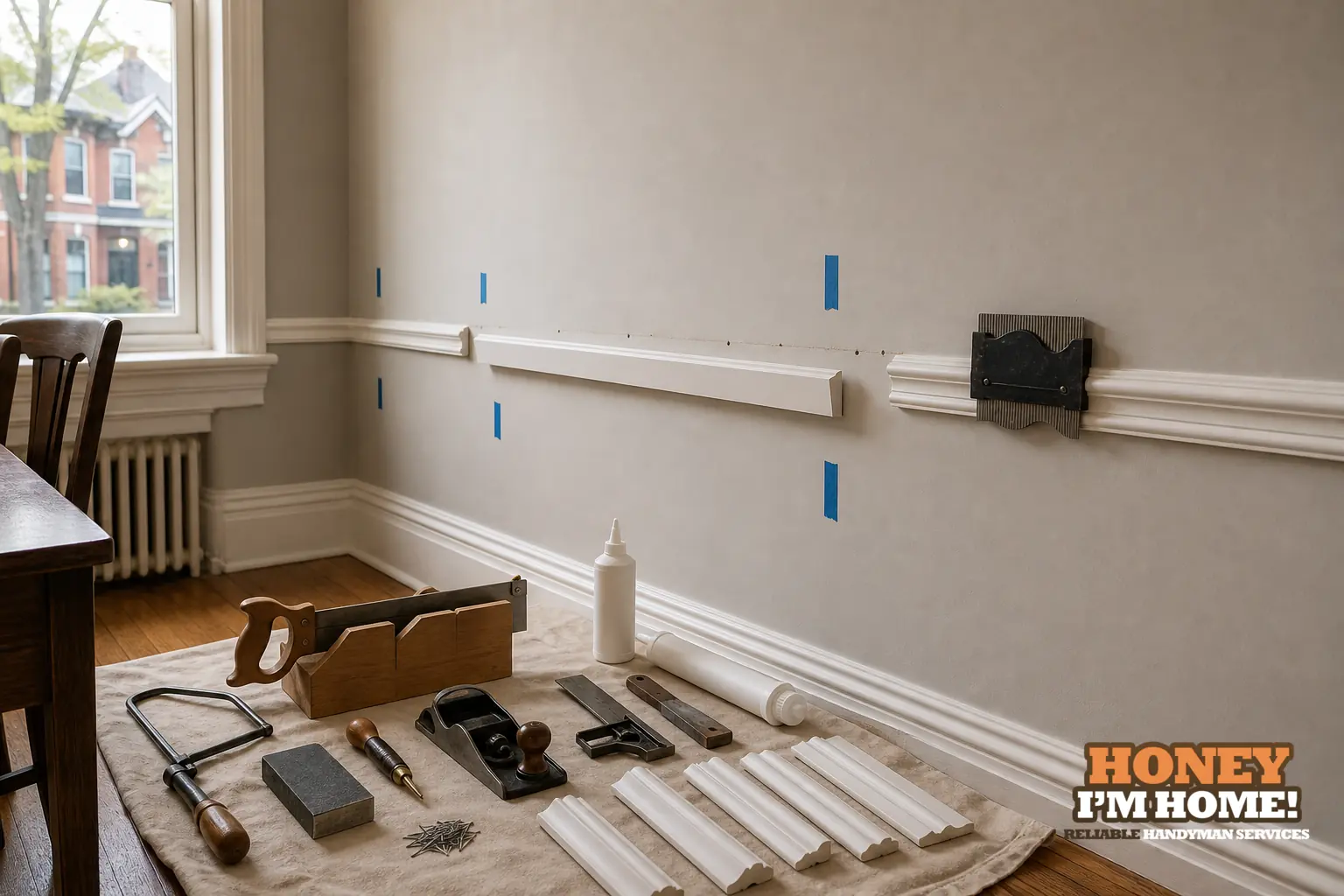 Branded residential repair illustration showing Planning a Clean Repair When Chair Rail Trim Is Damaged or Missing for a Toronto West End homeowner guide.