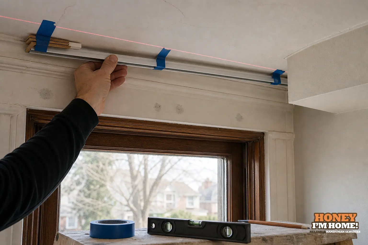 Branded close-up repair illustration highlighting a condition related to Planning Curtain Track Alignment Around Real Window and Ceiling Conditions.