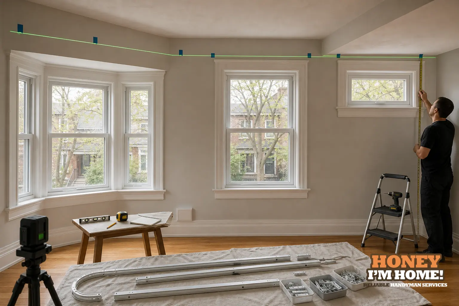 Branded residential repair illustration showing Planning Curtain Track Alignment Around Real Window and Ceiling Conditions for a Toronto West End homeowner guide.