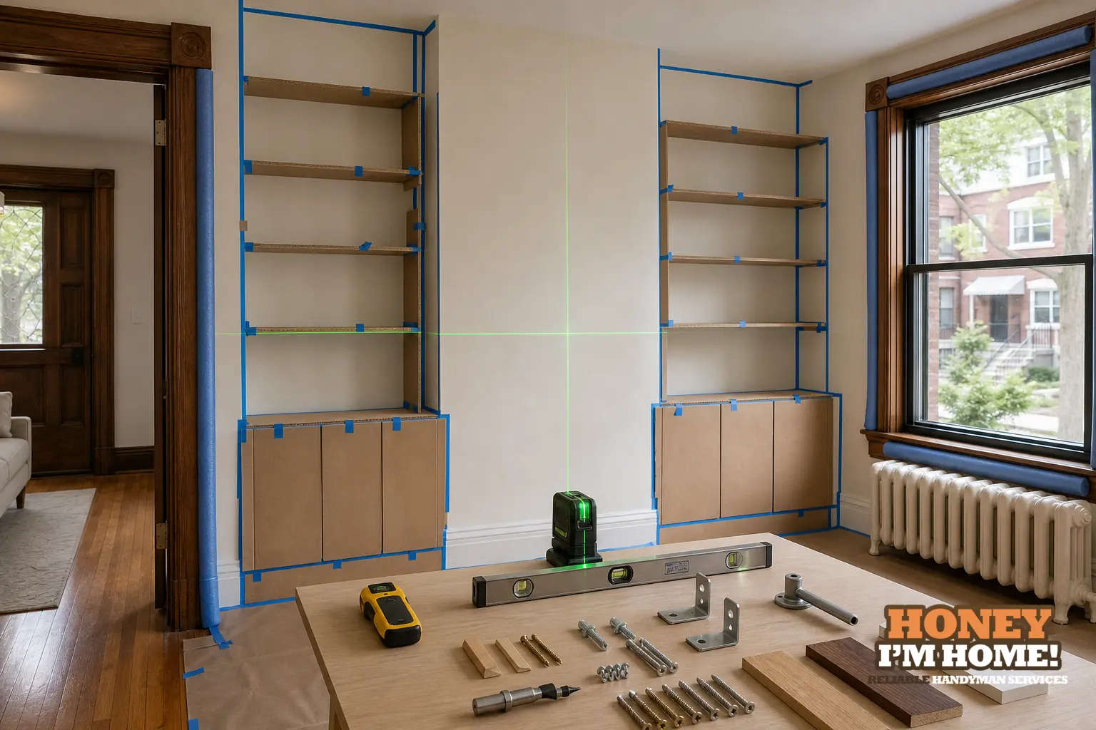 Branded residential repair illustration showing Planning Custom Shelving Around Real Room Constraints for a Toronto West End homeowner guide.