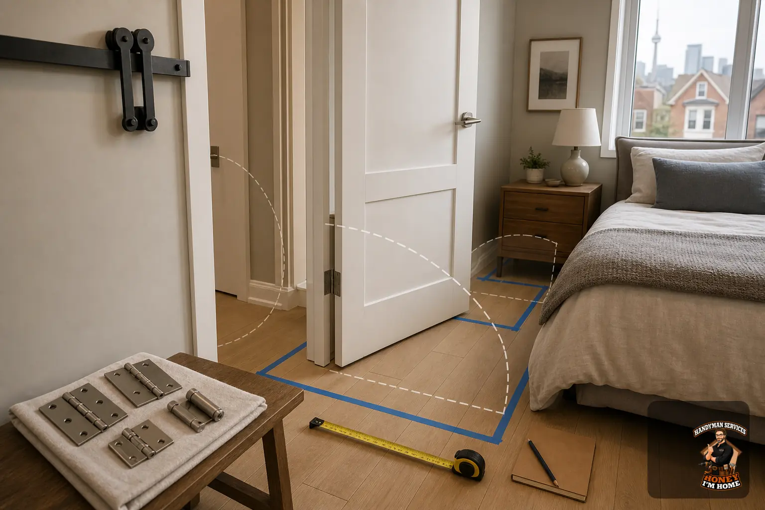 Planning Door Swing and Clearance in Tight Rooms — homeowner guide visual Branded residential repair illustration showing Planning Door Swing and Clearance in Tight Rooms for a Toronto West End homeowner guide.