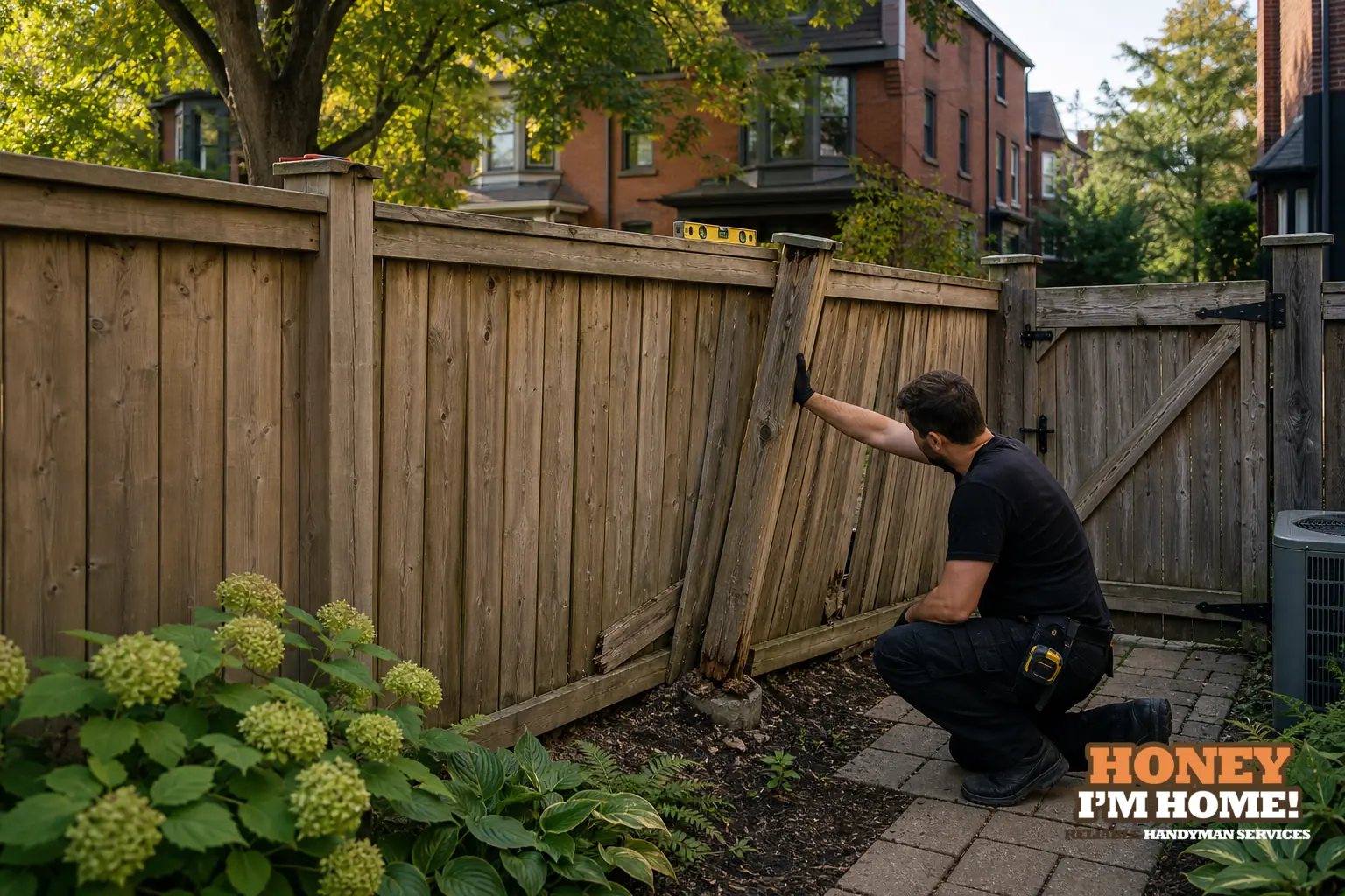 Branded residential repair illustration showing fence repair toronto west end for a Toronto West End homeowner guide.