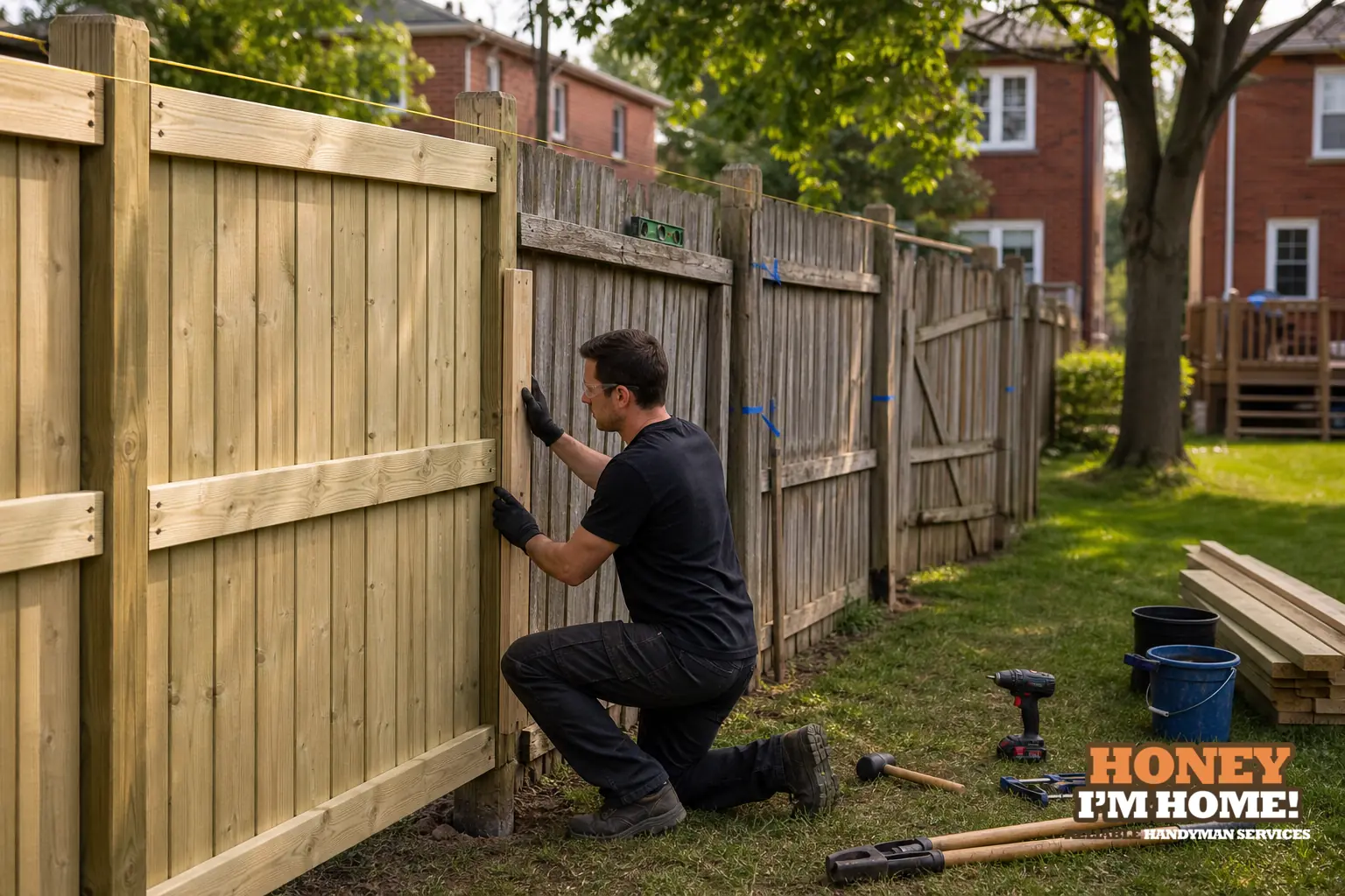 Branded residential repair illustration showing Repairing One Fence Section Versus Replacing a Larger Run for a Toronto West End homeowner guide.