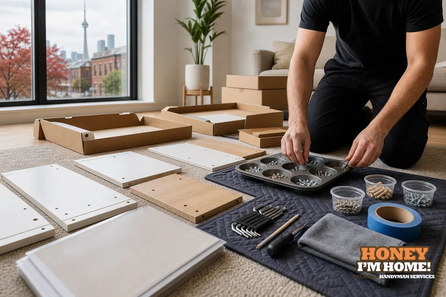 Branded residential repair illustration showing Why Checking Parts and Hardware First Makes Flat-Pack Assembly Smoother for a Toronto West End homeowner guide.