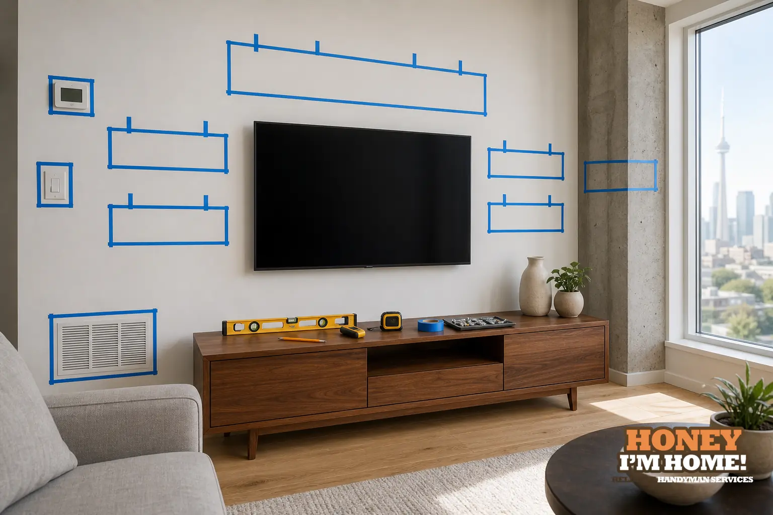 Planning Floating Shelves Around Furniture and Wall Features — homeowner guide visual Branded residential repair illustration showing Planning Floating Shelves Around Furniture and Wall Features for a Toronto West End homeowner guide.
