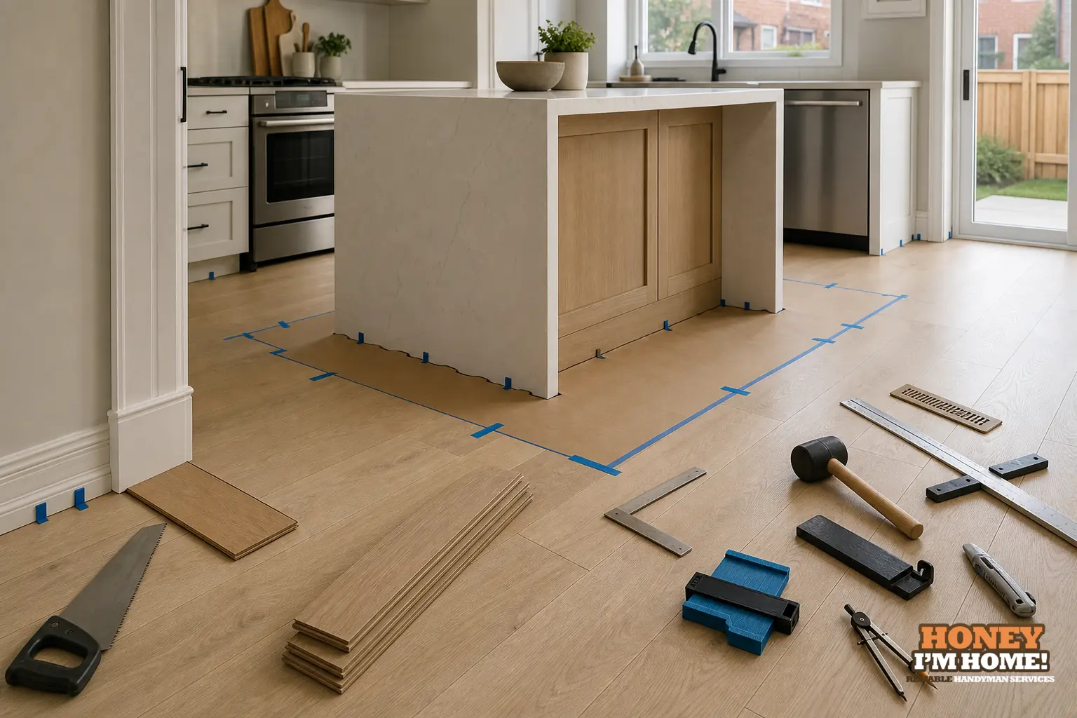Planning Flooring Around Kitchen Islands, Trim and Fixed Obstacles — finished detail and planning example Branded finished-condition illustration related to Planning Flooring Around Kitchen Islands, Trim and Fixed Obstacles, shown as a practical planning example.