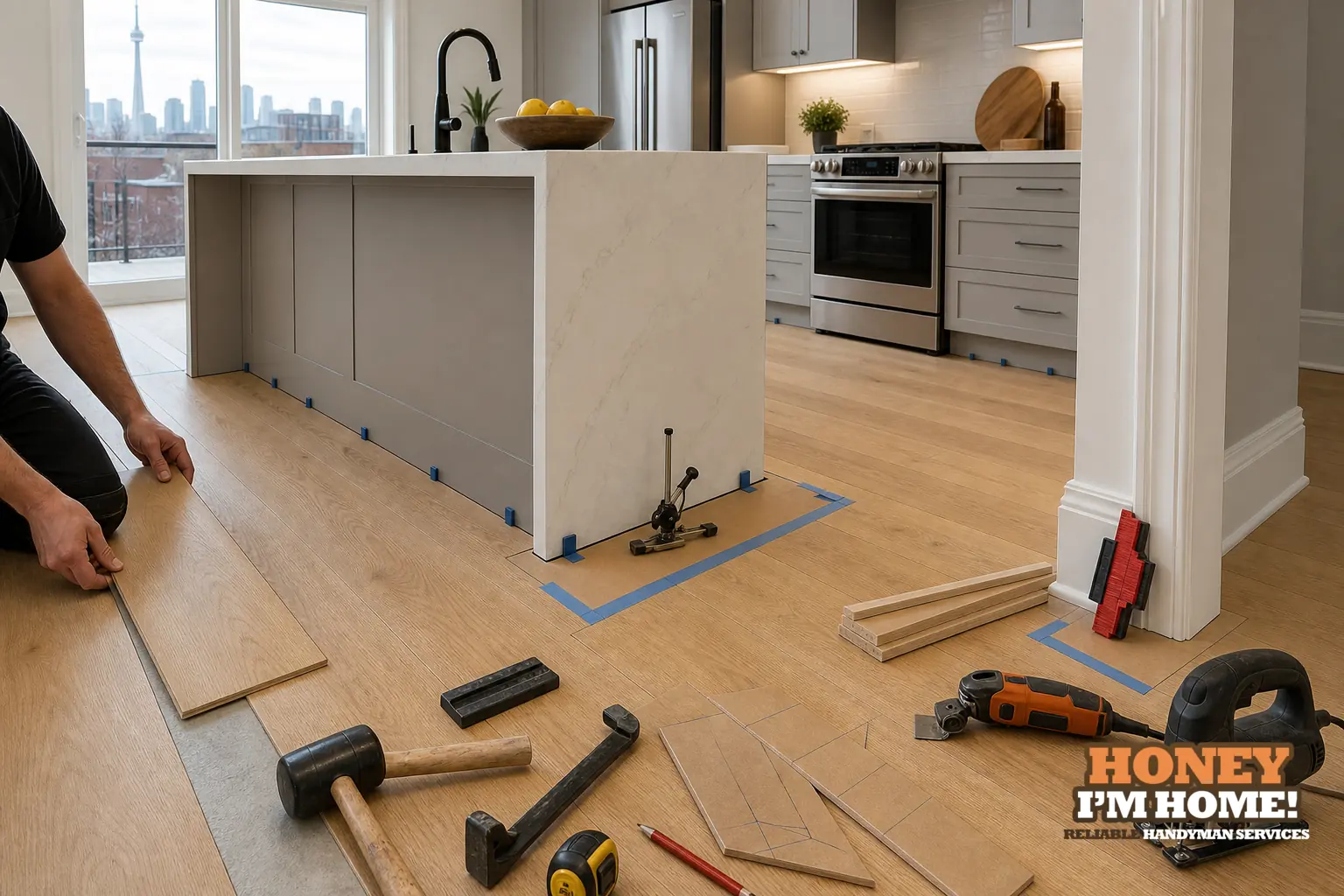 Branded residential repair illustration showing Planning Flooring Around Kitchen Islands, Trim and Fixed Obstacles for a Toronto West End homeowner guide.