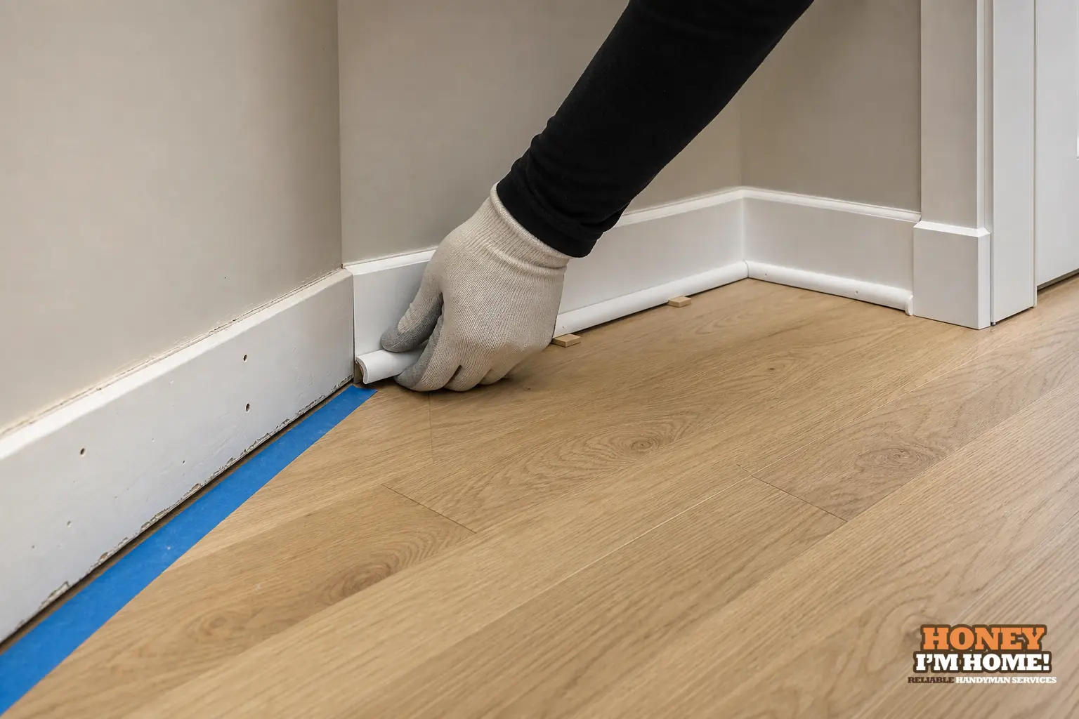 Branded close-up repair illustration highlighting a condition related to Quarter Round, Shoe Moulding and Baseboards After New Flooring.