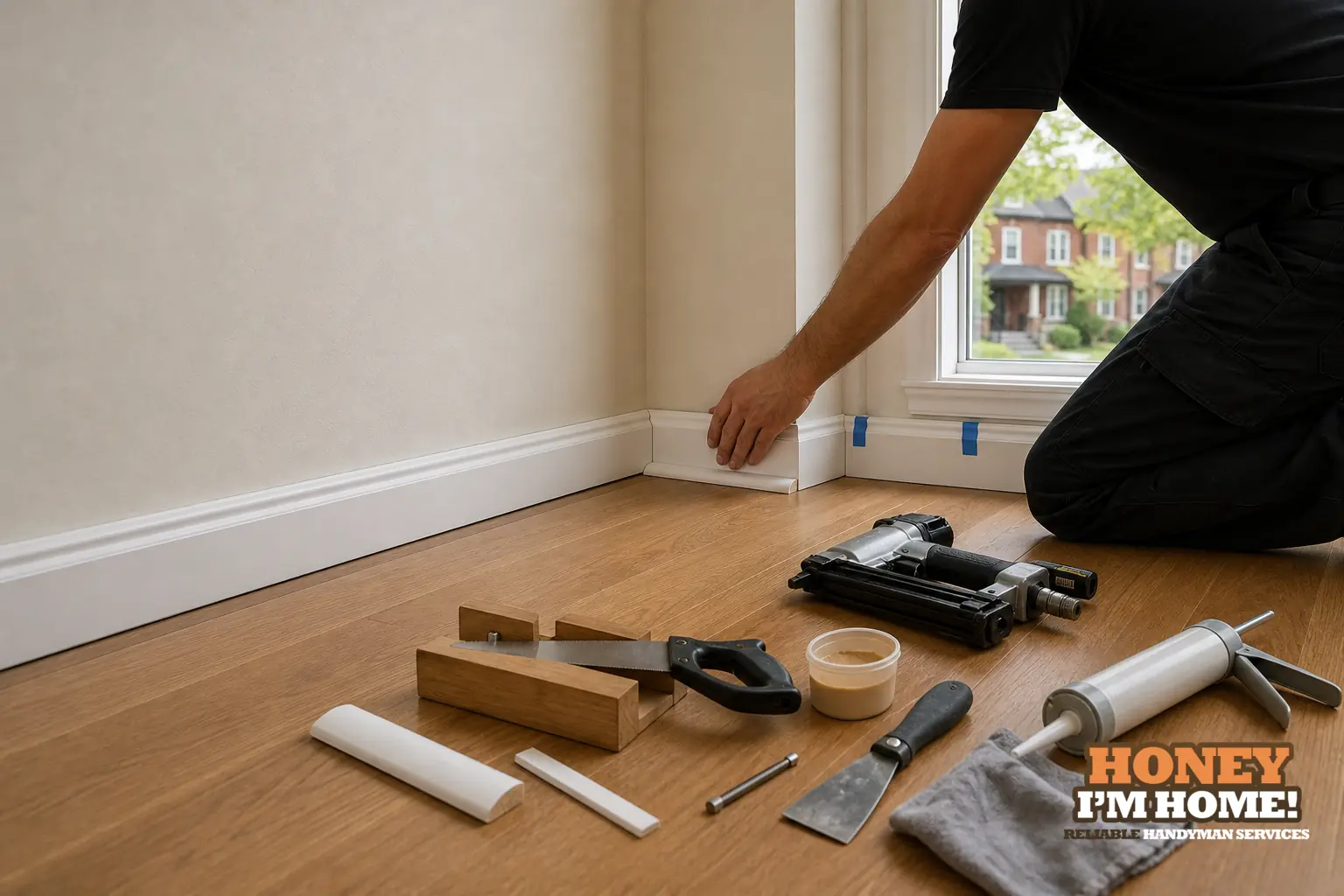 Quarter Round, Shoe Moulding and Baseboards After New Flooring — homeowner guide visual Branded residential repair illustration showing Quarter Round, Shoe Moulding and Baseboards After New Flooring for a Toronto West End homeowner guide.