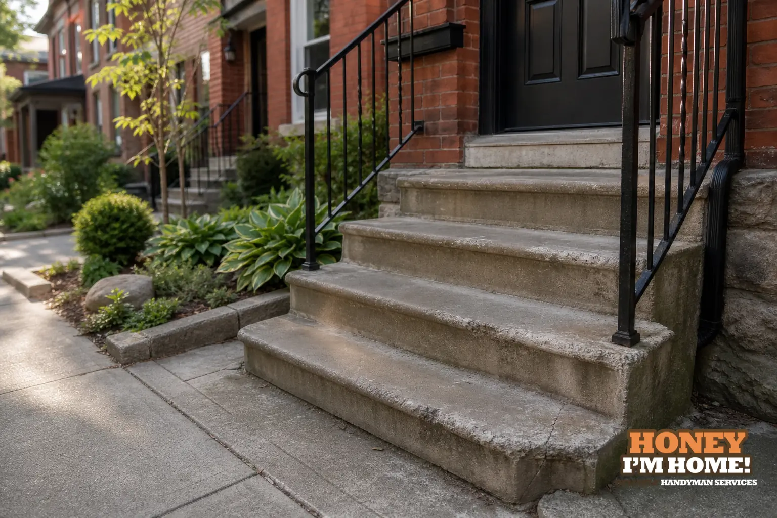What Worn Front Porch Steps Can Tell You Before a Localized Repair — homeowner guide visual Branded residential repair illustration showing What Worn Front Porch Steps Can Tell You Before a Localized Repair for a Toronto West End homeowner guide.