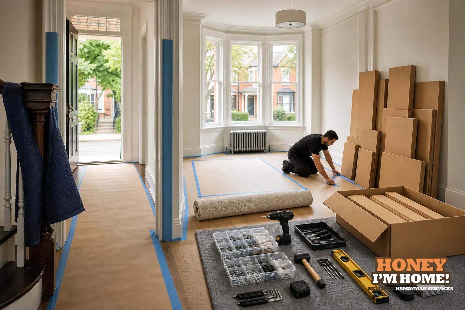 What to Prepare Before a Large Furniture Assembly Project — homeowner guide visual Branded residential repair illustration showing What to Prepare Before a Large Furniture Assembly Project for a Toronto West End homeowner guide.