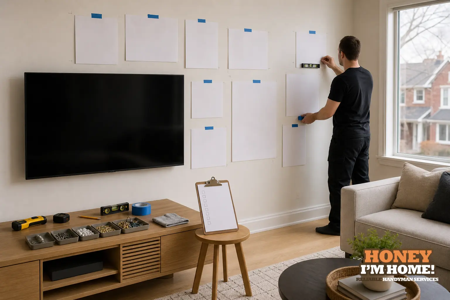 How to Plan a Balanced Gallery Wall Before Drilling — homeowner guide visual Branded residential repair illustration showing How to Plan a Balanced Gallery Wall Before Drilling for a Toronto West End homeowner guide.