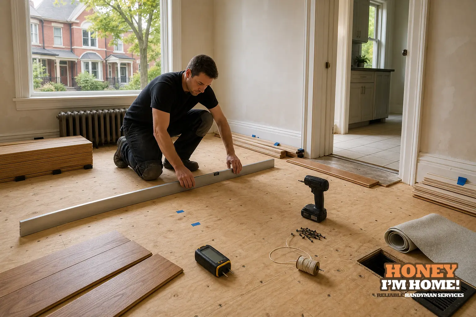 Branded residential repair illustration showing hardwood floor installation Toronto west end for a Toronto West End homeowner guide.