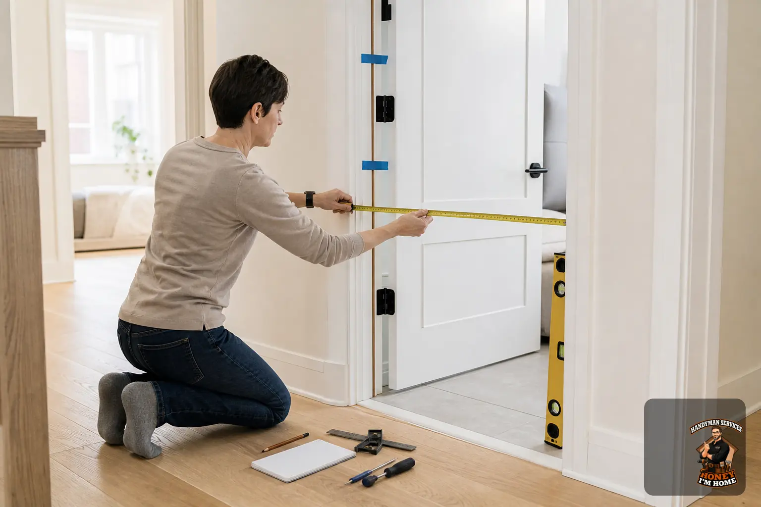 What to Measure and Inspect Before Replacing an Interior Door — homeowner guide visual Branded residential repair illustration showing What to Measure and Inspect Before Replacing an Interior Door for a Toronto West End homeowner guide.