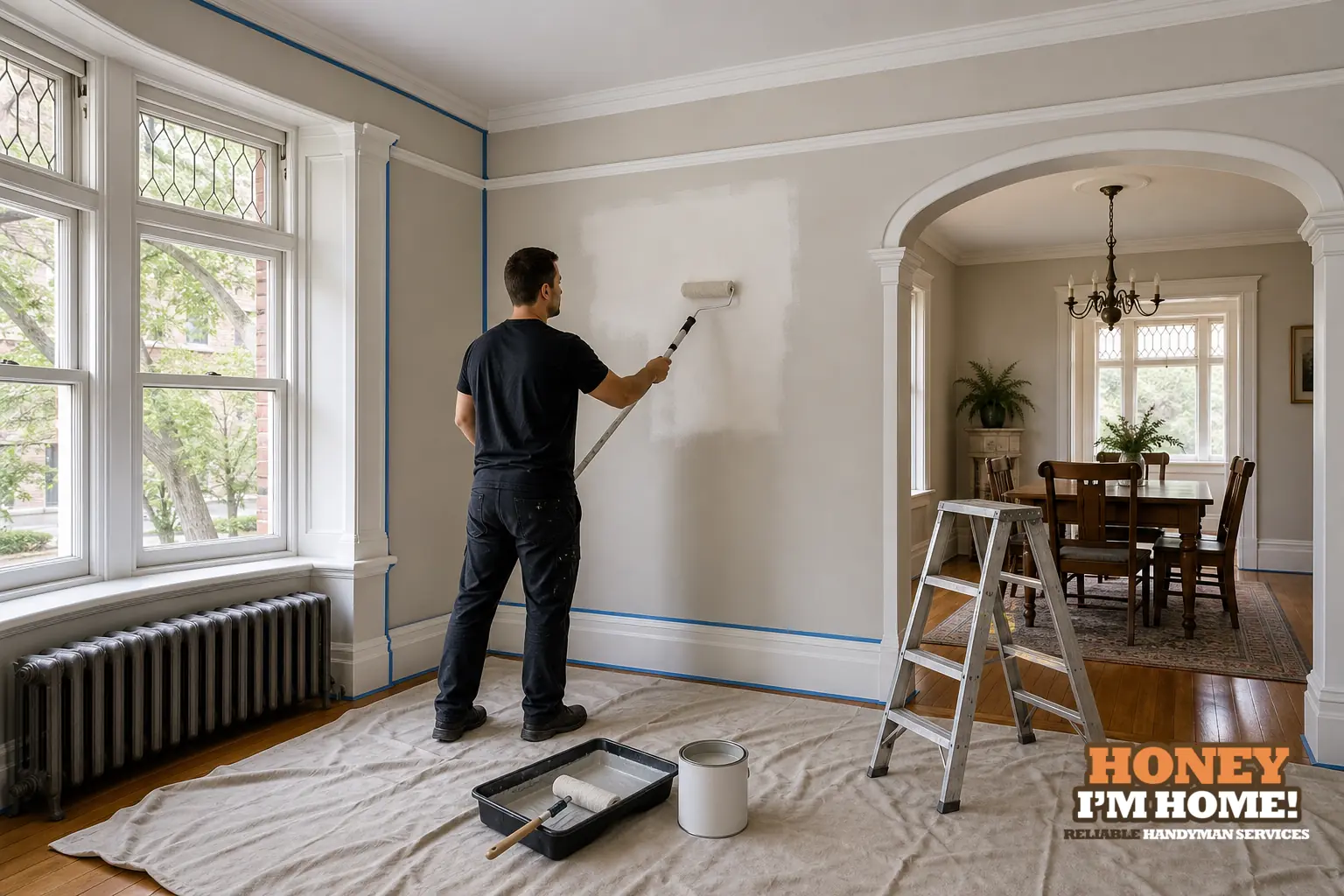 Branded residential repair illustration showing interior painting toronto west end for a Toronto West End homeowner guide.