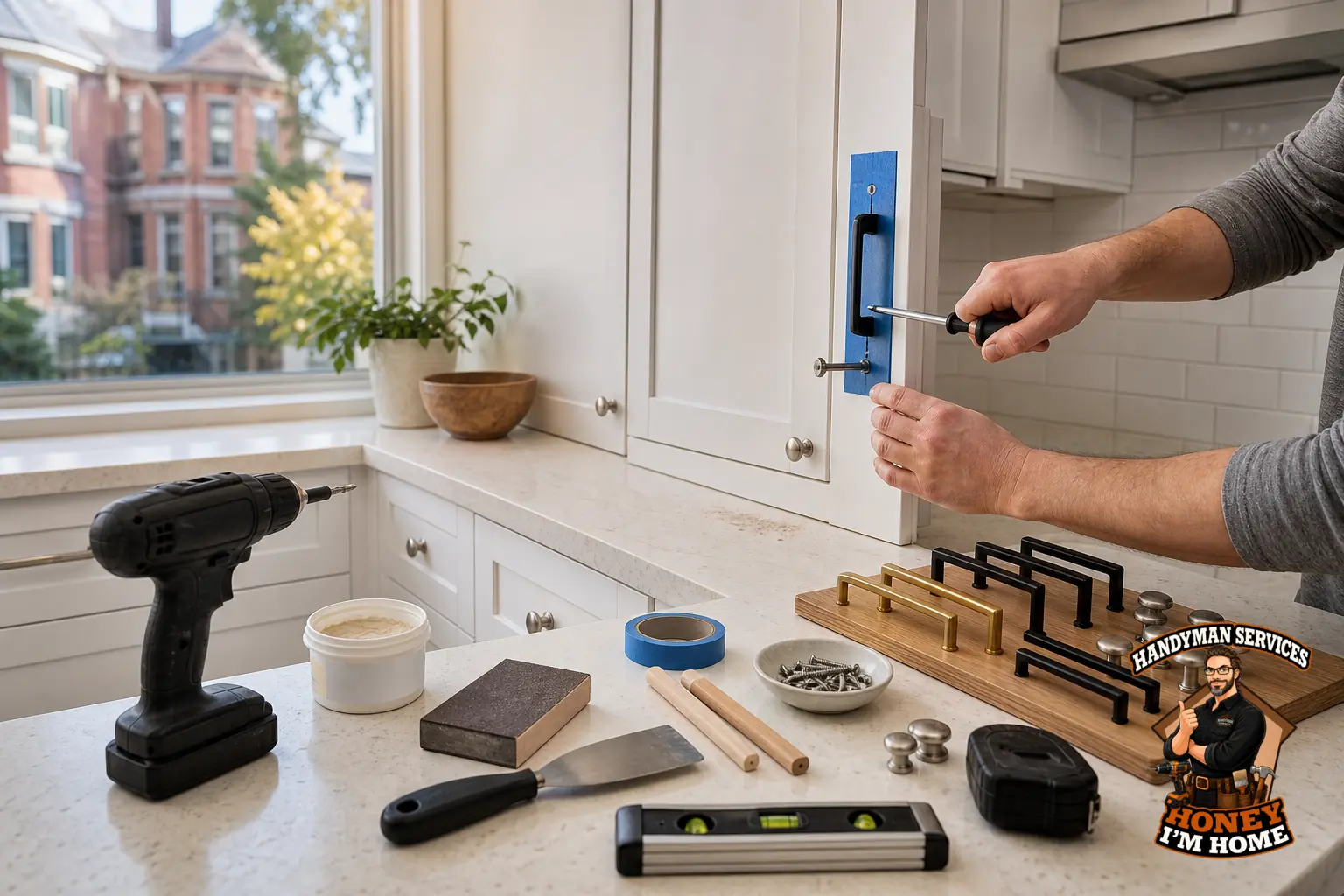 Branded residential repair illustration showing Planning a Kitchen Cabinet Hardware Refresh Without Replacing Cabinets for a Toronto West End homeowner guide.