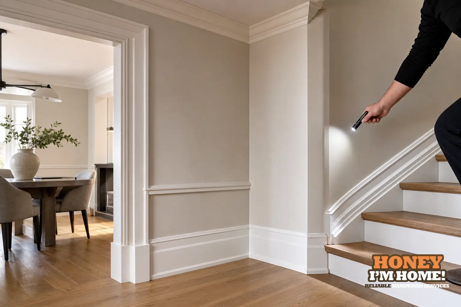 Branded residential repair illustration showing Why Corners and Transitions Define the Finish Quality of Moulding for a Toronto West End homeowner guide.