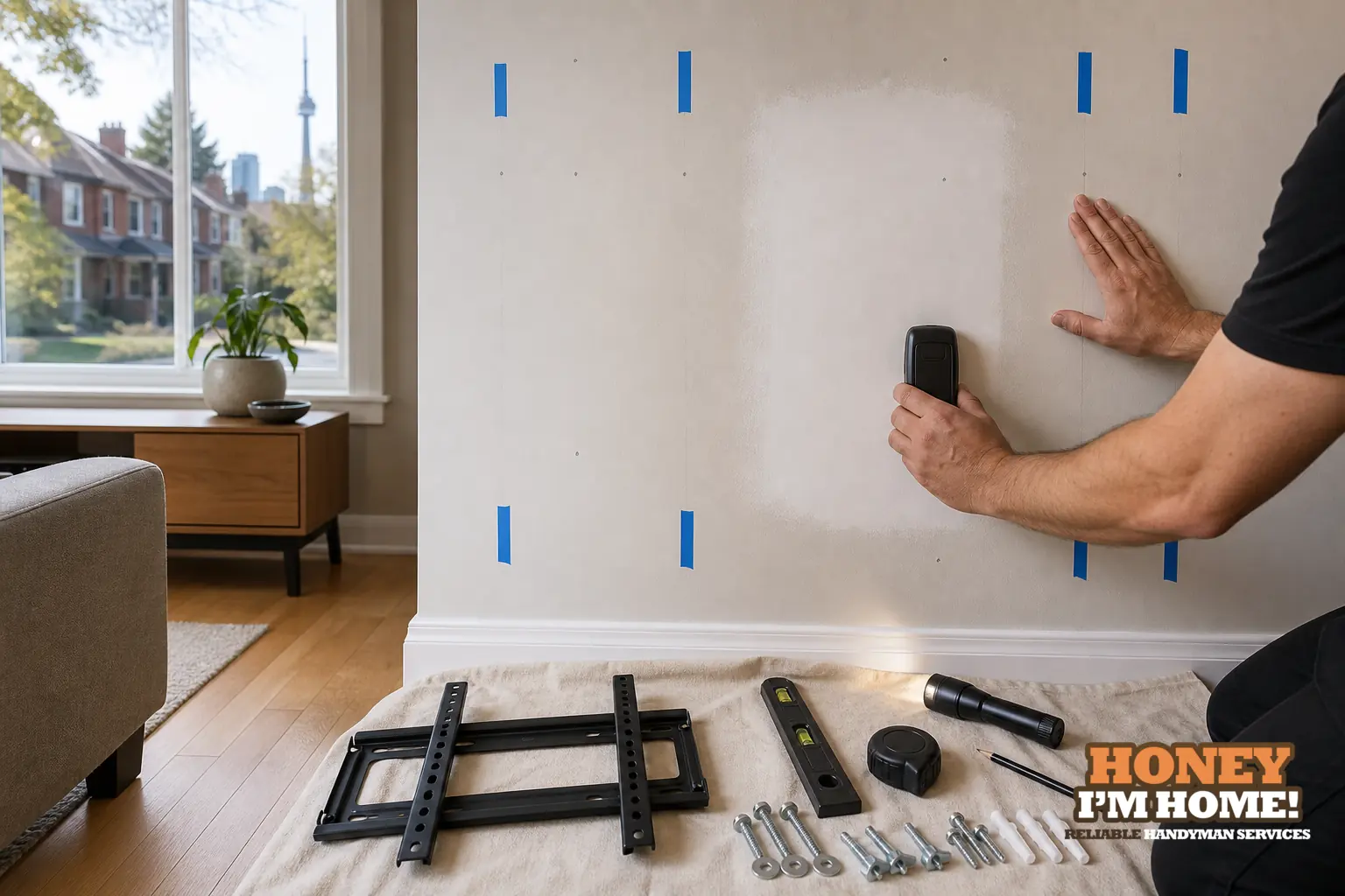 Branded residential repair illustration showing What to Consider Before Mounting on a Previously Repaired Wall for a Toronto West End homeowner guide.