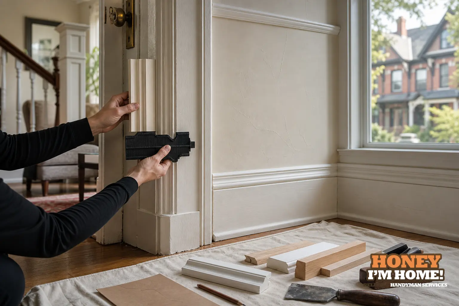 What to Consider When Matching Replacement Trim in an Older Home — homeowner guide visual Branded residential repair illustration showing What to Consider When Matching Replacement Trim in an Older Home for a Toronto West End homeowner guide.