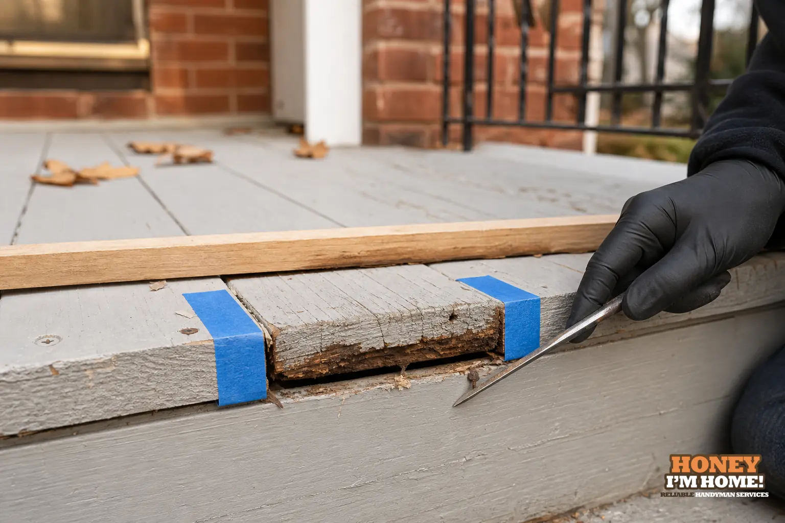 Branded close-up repair illustration highlighting a condition related to When Individual Porch Boards Can Be Repaired or Replaced Locally.