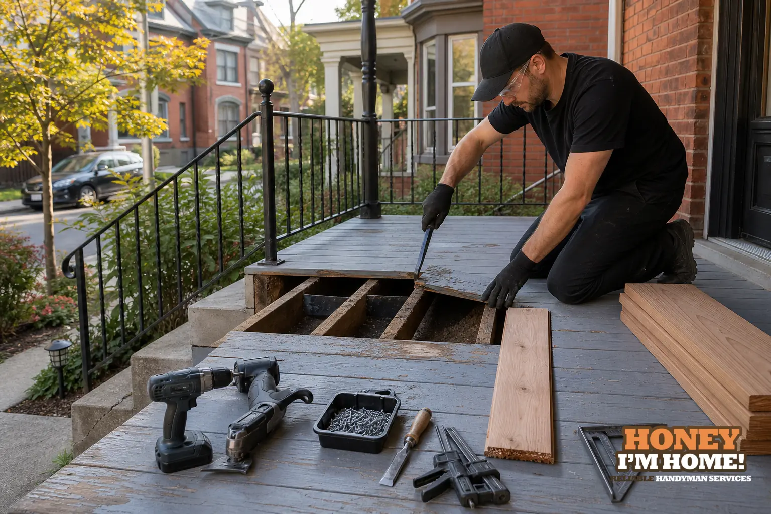 Branded residential repair illustration showing When Individual Porch Boards Can Be Repaired or Replaced Locally for a Toronto West End homeowner guide.