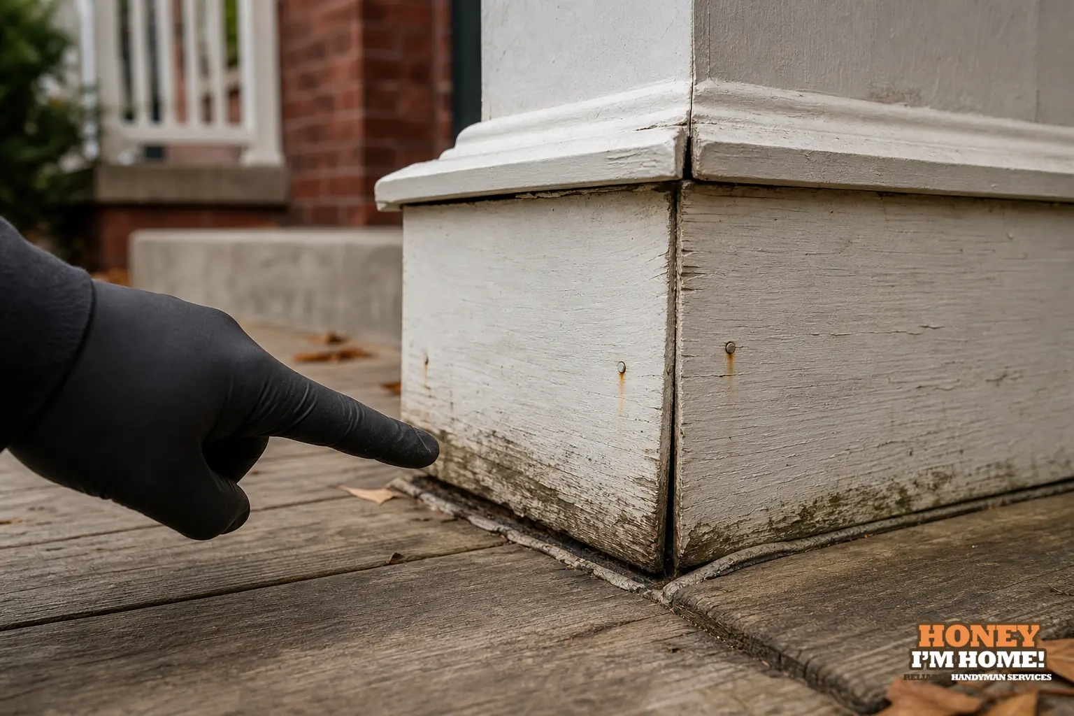 Branded close-up repair illustration highlighting a condition related to Why Porch Trim Starts Deteriorating and What to Inspect First.