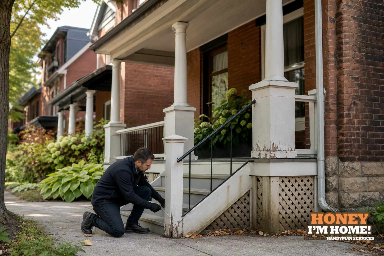 Branded residential repair illustration showing Why Porch Trim Starts Deteriorating and What to Inspect First for a Toronto West End homeowner guide.