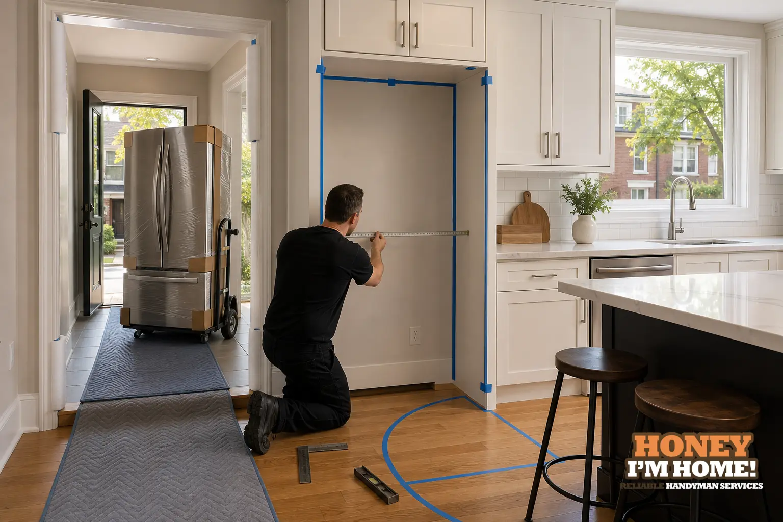 Branded residential repair illustration showing What to Check Before Setting a New Refrigerator Into an Existing Opening for a Toronto West End homeowner guide.