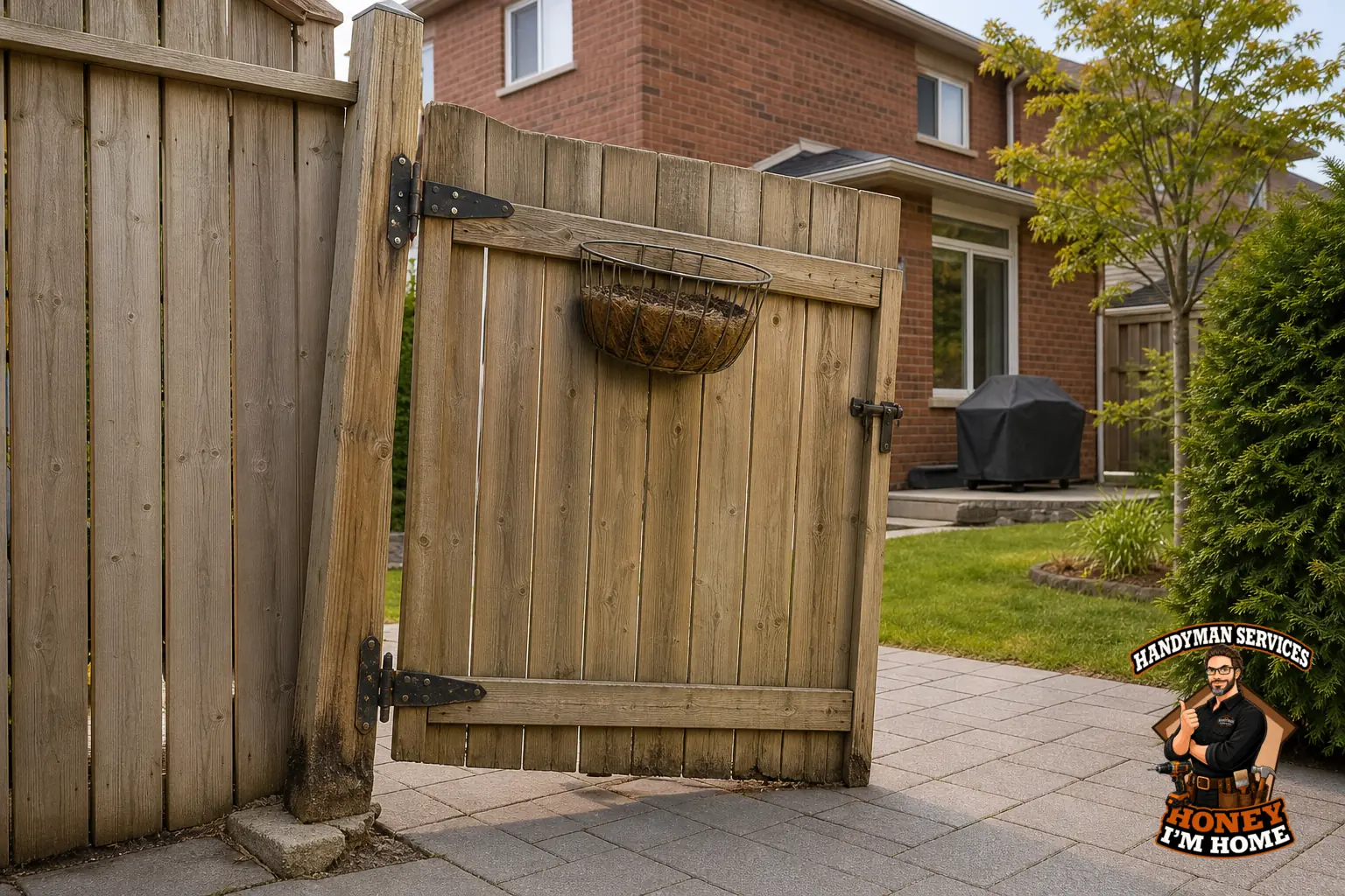 Branded residential repair illustration showing Why a Fence Gate Starts Sagging and What to Check for a Toronto West End homeowner guide.