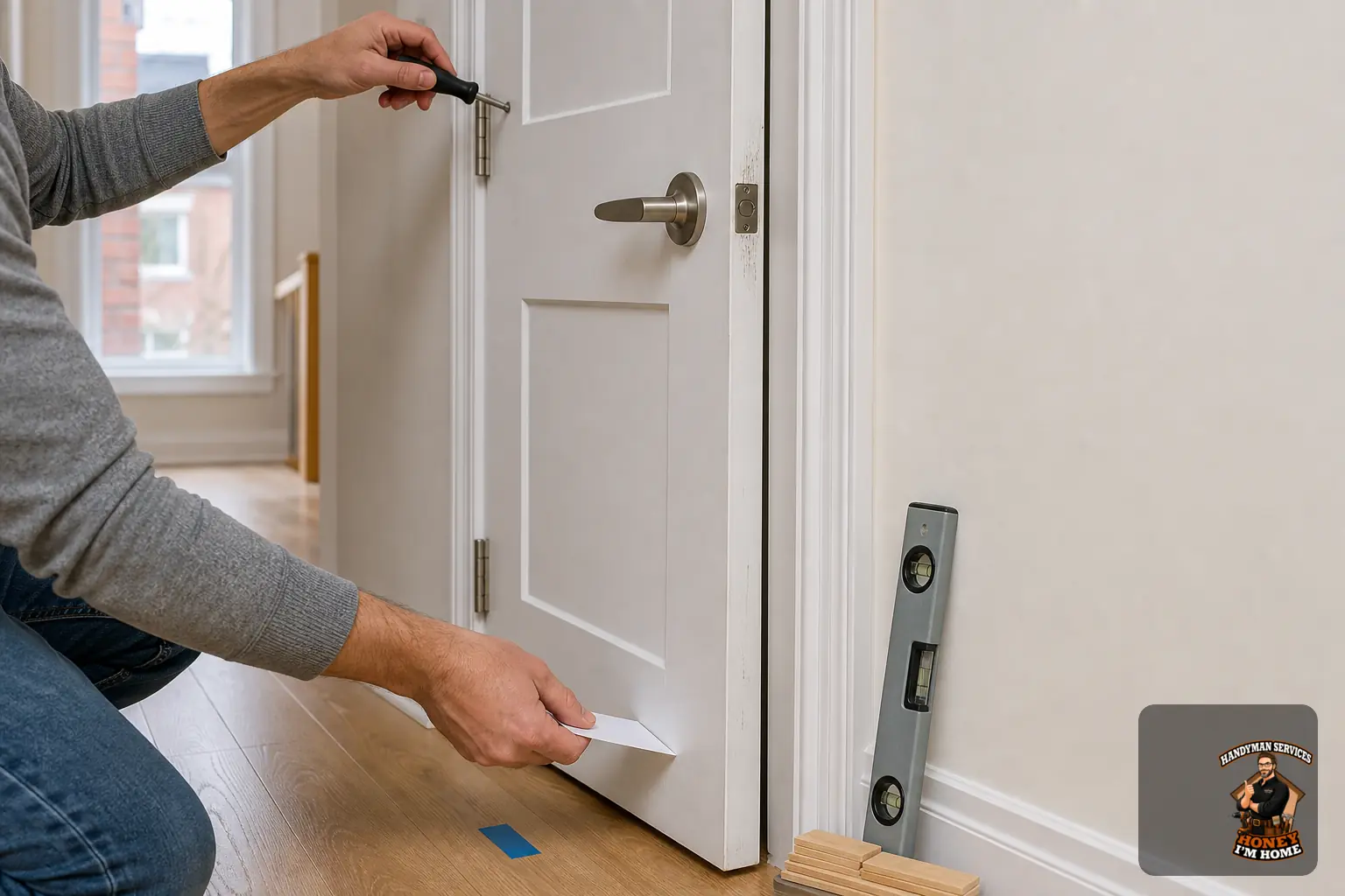 Why an Interior Door Starts Sticking and What to Check First — homeowner guide visual Branded residential repair illustration showing Why an Interior Door Starts Sticking and What to Check First for a Toronto West End homeowner guide.