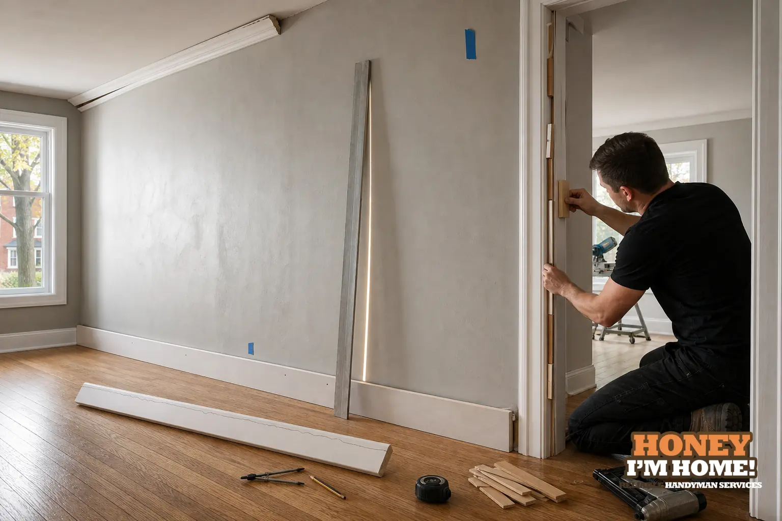 Branded residential repair illustration showing Why Uneven Walls Matter When Installing New Trim for a Toronto West End homeowner guide.