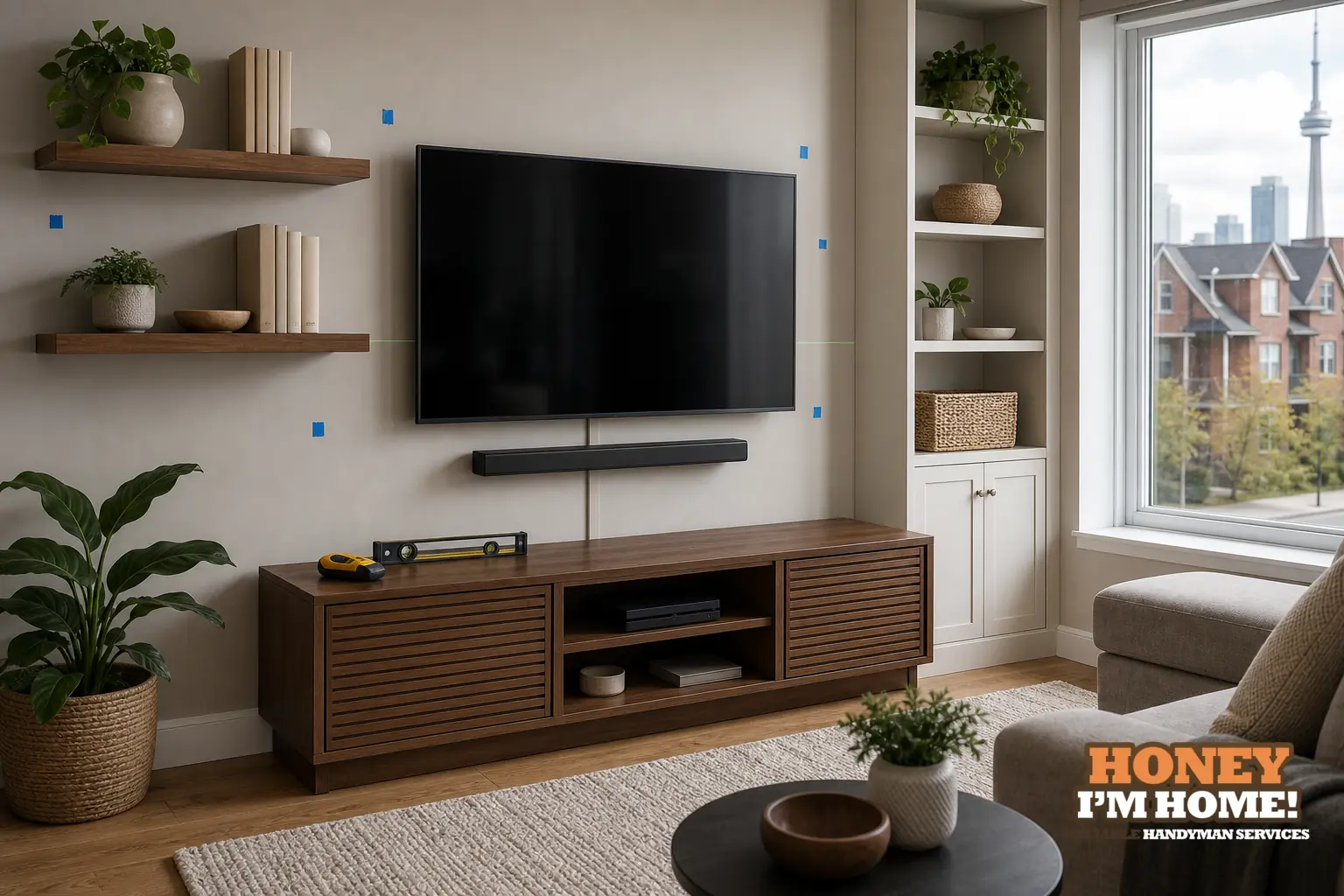 Coordinating a Wall-Mounted TV With Consoles and Shelving — homeowner guide visual Branded residential repair illustration showing Coordinating a Wall-Mounted TV With Consoles and Shelving for a Toronto West End homeowner guide.