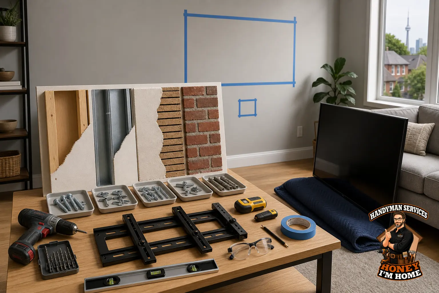 Branded residential repair illustration showing Why Wall Type Matters Before Mounting a TV for a Toronto West End homeowner guide.